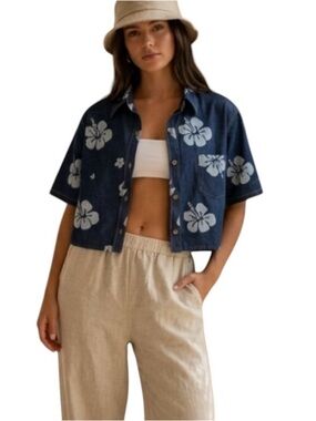 palmwave hawaii denim island tropical shirt hibiscus print vacation Coastal